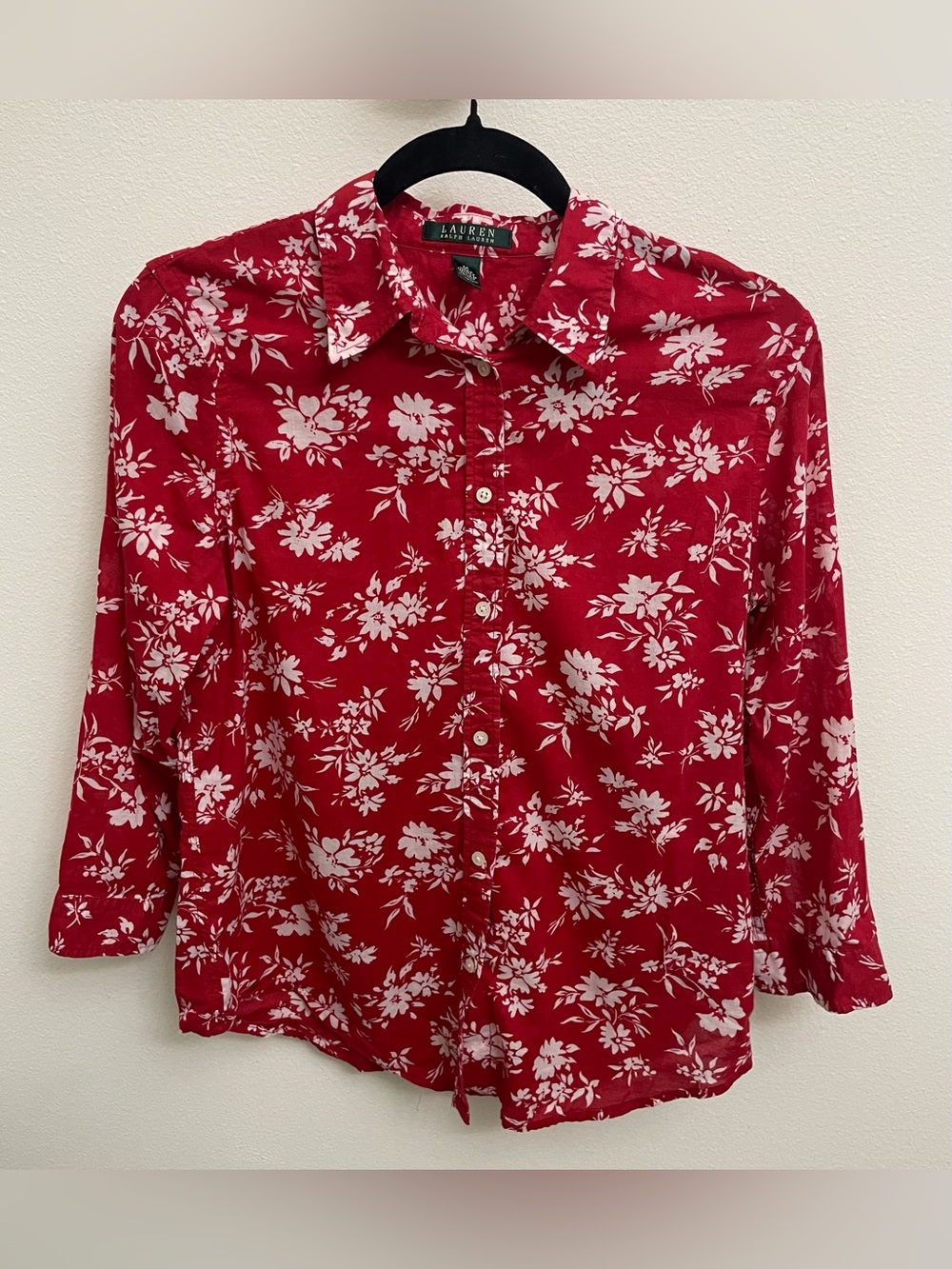 Lauren Ralph Lauren Cotton Red and White Floral Button-Down Long Sleeve Shirt
